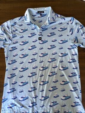 Bad Birdie Light Blue Polo with Retro Car Print Large